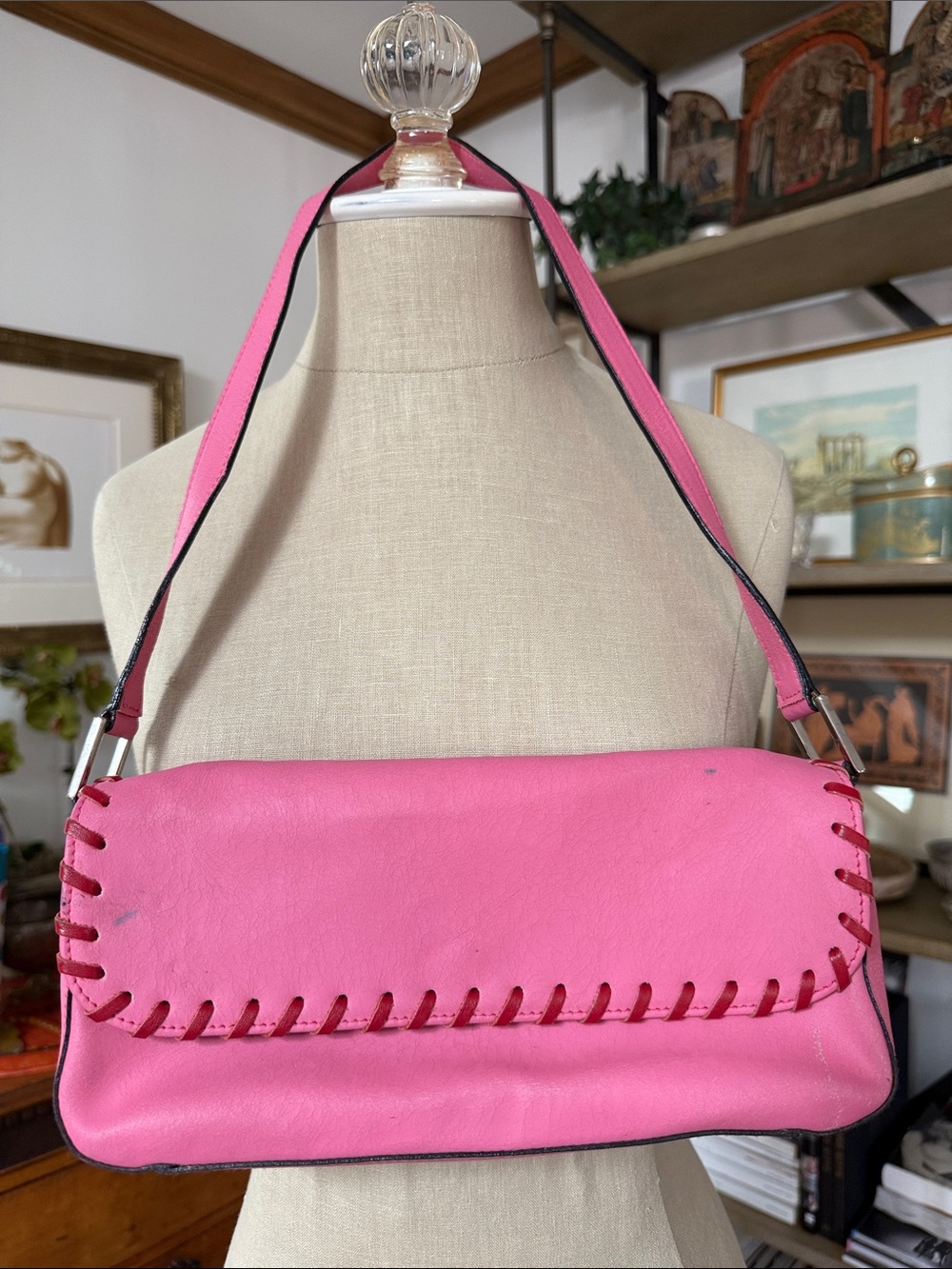 Saks Fifth Avenue Y2K vintage Barbie pink whipstich shoulder bag
